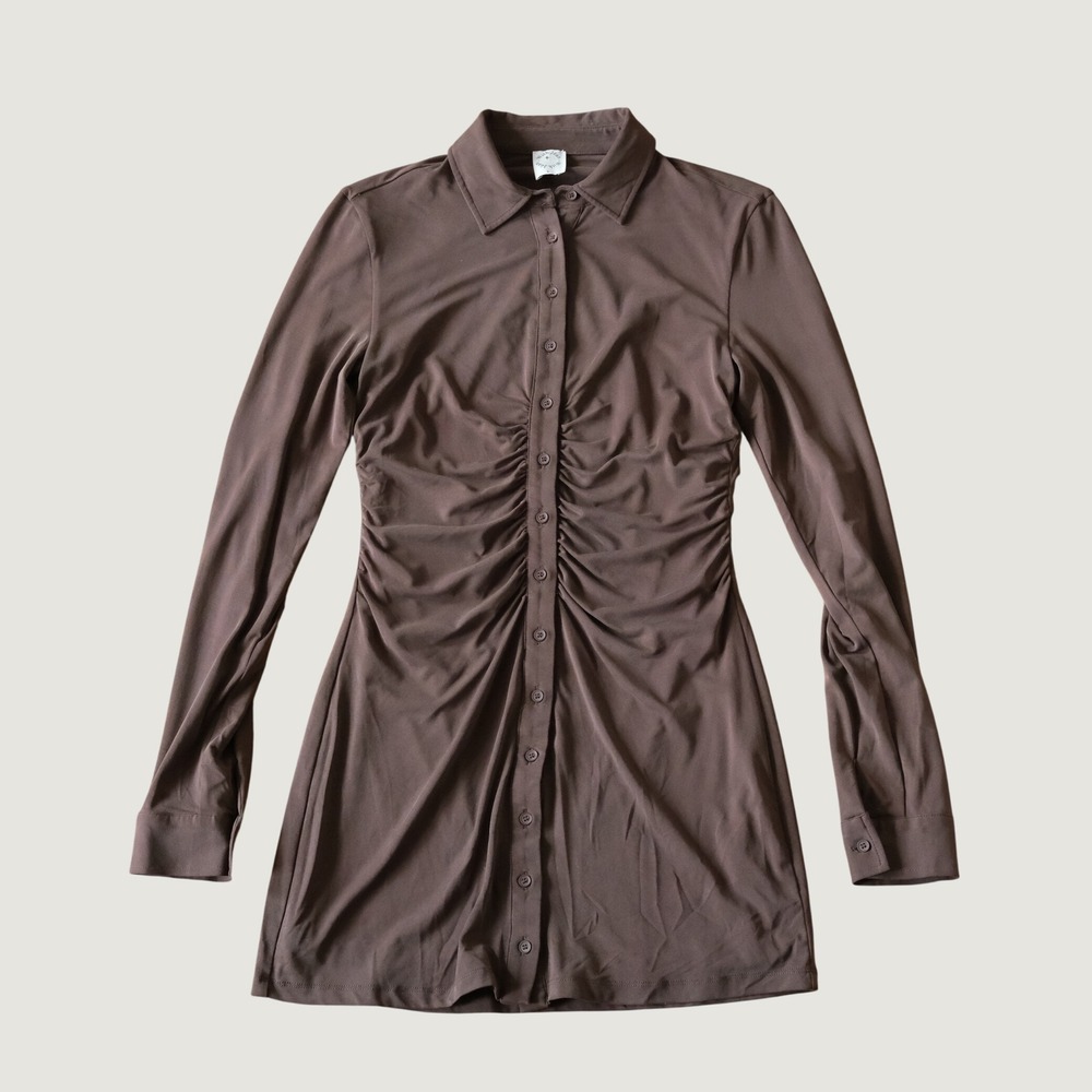 With Jéan Andy Dress Ruched Long Sleeve Mini Dress Brown Size S Mini Collared
